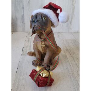 Boxer puppy Christmas hat mistletoe presents dog Xmas figure decor